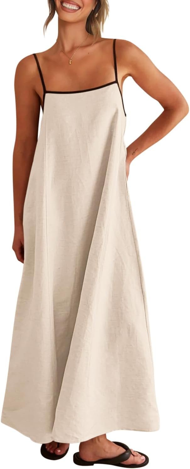 Womens Summer Linen Maxi Dress Contrast Spaghetti Strap Dress Backless Casual Party Beach Dresses