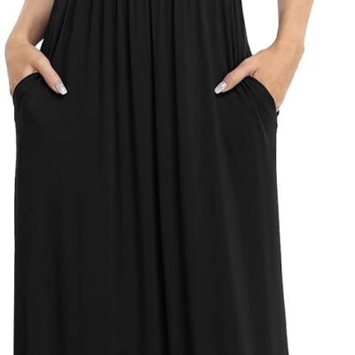 Womens Short Sleeve Loose Plain Maxi Dresses Casual Long Dresses with Pockets