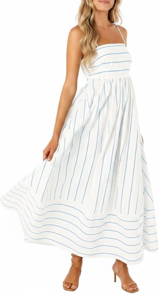 Womens Striped Back Smocked Maxi Dress Sexy Spaghetti Strap Cut Out Flowy Swing Long Dress