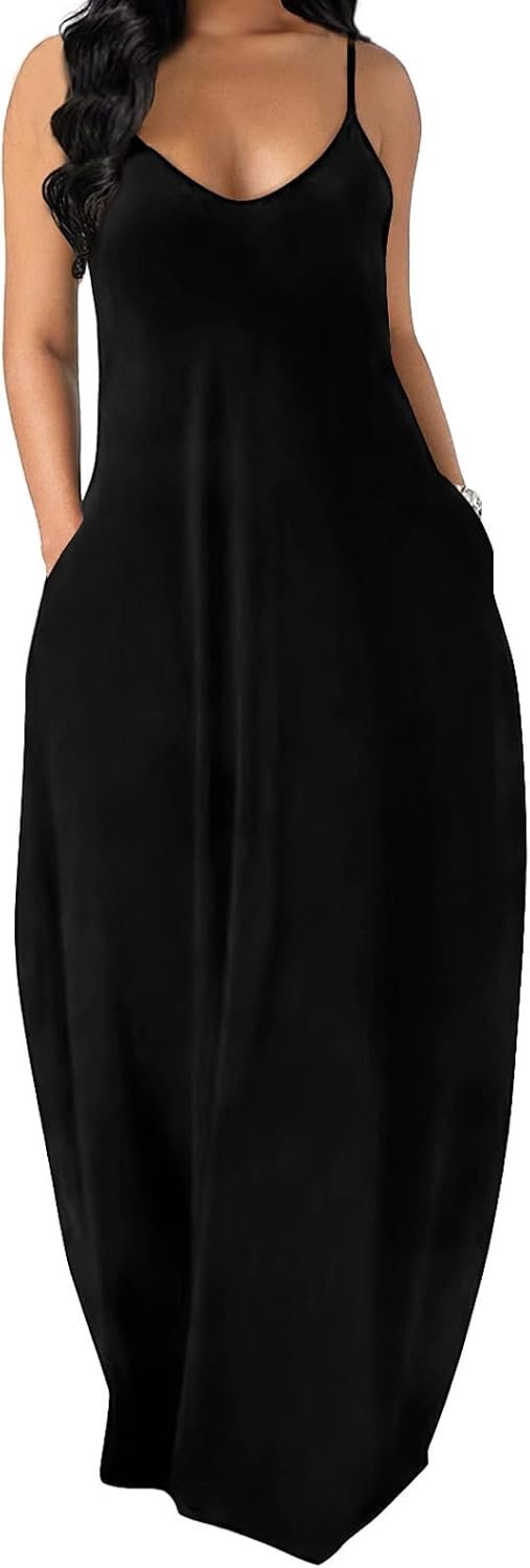 Womens Maxi Dresses Summer Spaghetti Strap Dress with Pockets