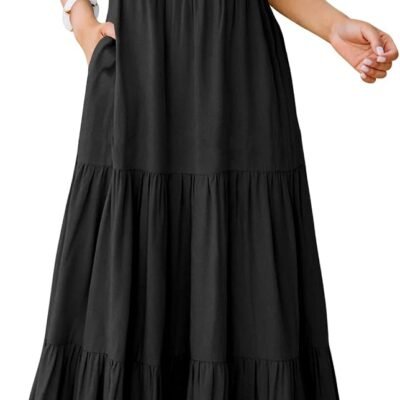 Womens Summer Casual Maxi Dress V Neck Ruffle Sleeve Long Dresses Fashion Flowy Tiered Boho Beach Vacation Sundress