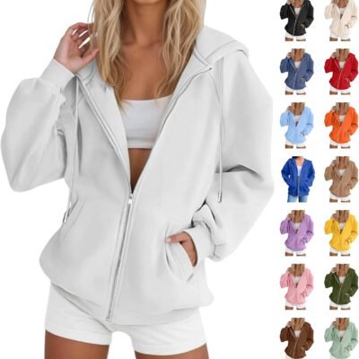 Zip Up Hoodie Women Long Sleeve Fall Winter Plus Size Plain Hooded Sweatshirts Trendy Casual Fashion Jacket With Pockets
