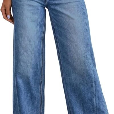 Womens Wide Leg Jeans High Waisted Stretchy Raw Hem Denim Pants