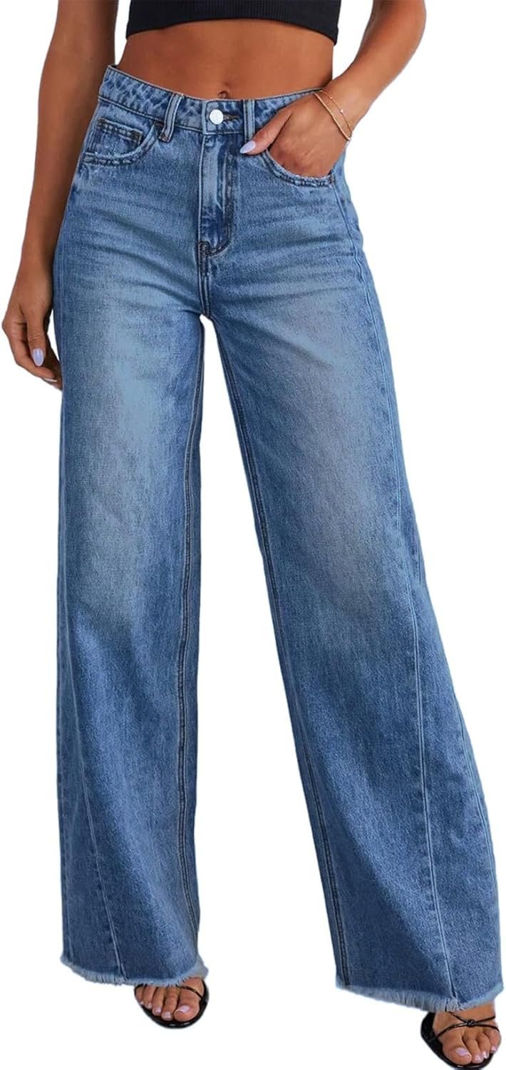 Womens Wide Leg Jeans High Waisted Stretchy Raw Hem Denim Pants