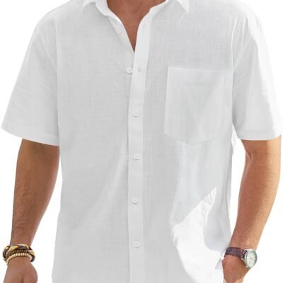 Cotton Linen Short Sleeve Button Down Shirt with Pocket
