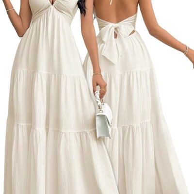 Womens Maxi Summer Dresses Halter V Neck Beach Dresses for Women A Line Casual Dress for Vacation