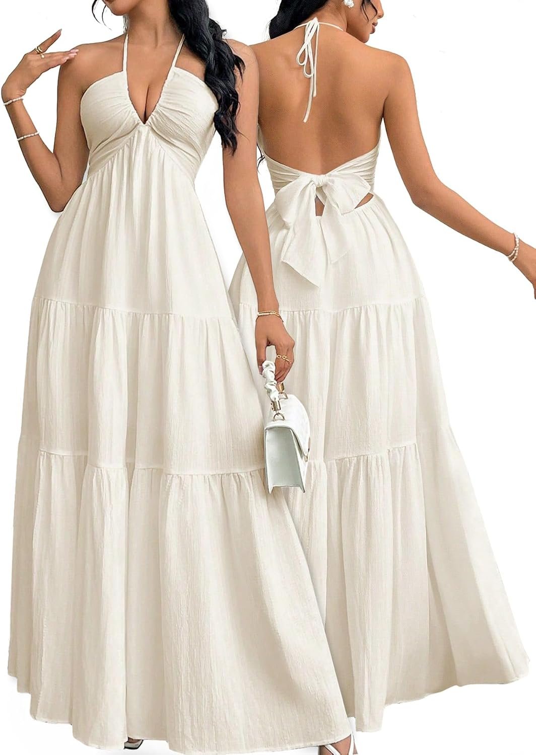 Womens Maxi Summer Dresses Halter V Neck Beach Dresses for Women A Line Casual Dress for Vacation