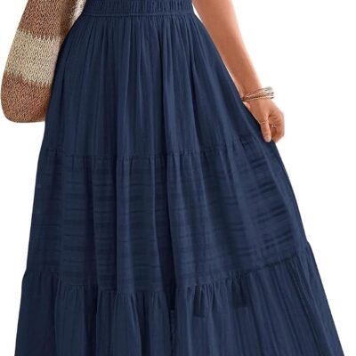 Womens Summer  Casual Midi Maxi Dresses Lightweight Short Sleeve V Neck Elastic Waist Boho Beach Dress Pockets