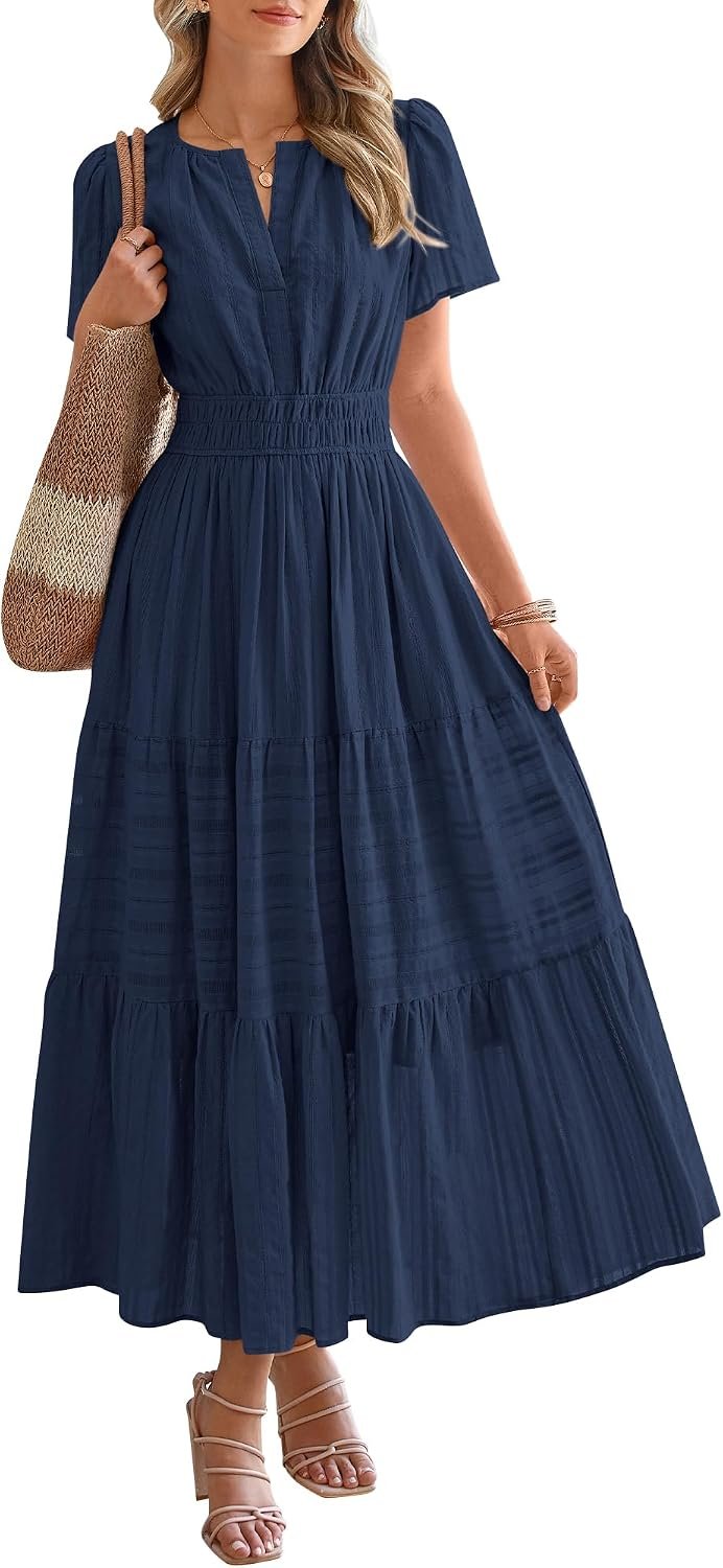 Womens Summer Casual Midi Maxi Dresses Lightweight Short Sleeve V Neck Elastic Waist Boho Beach Dress Pockets