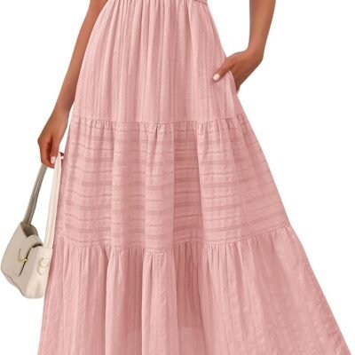 Womens Spring Boho Spaghetti Strap Dress Casual Sleeveless Smocked A Line Beach Sundress Long Maxi Dresses