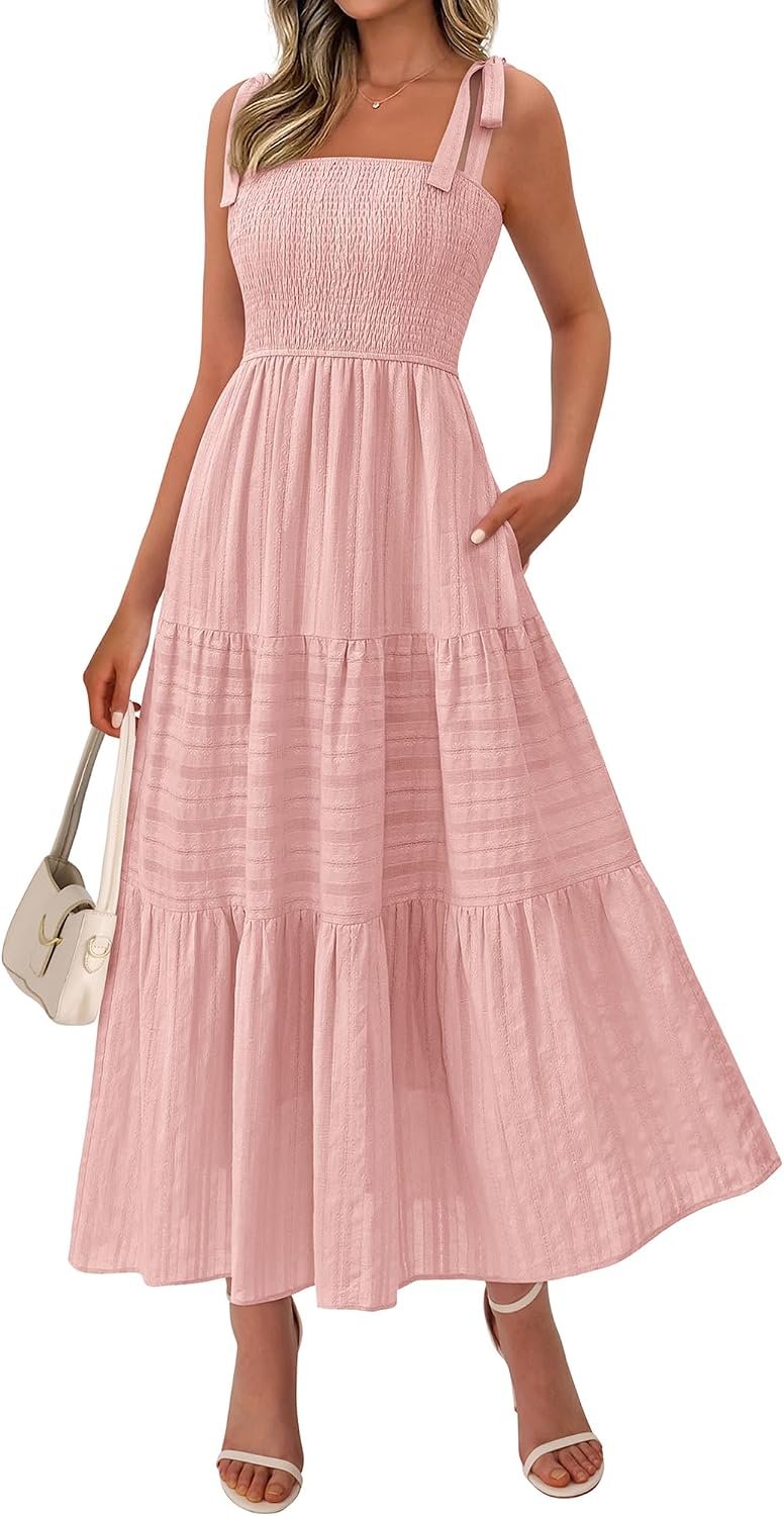 Womens Spring Boho Spaghetti Strap Dress Casual Sleeveless Smocked A Line Beach Sundress Long Maxi Dresses