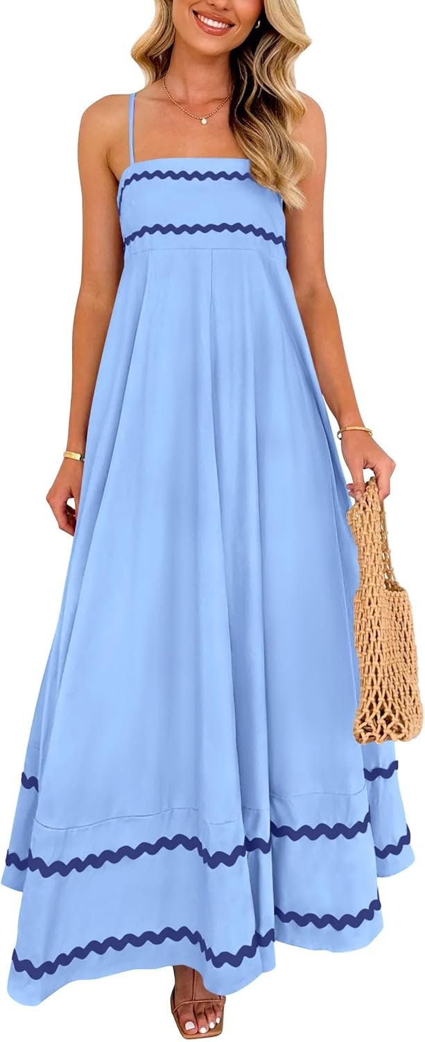 Womens Summer Flowy Maxi Dress Casual Sleeveless Spaghetti Strap Ruffle Beach Long Dresses