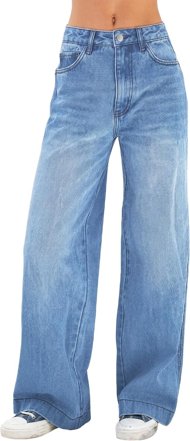Womens Wide Leg Jeans Distress High Waist Stretchy Denim Pants Y2K Trousers Clothing