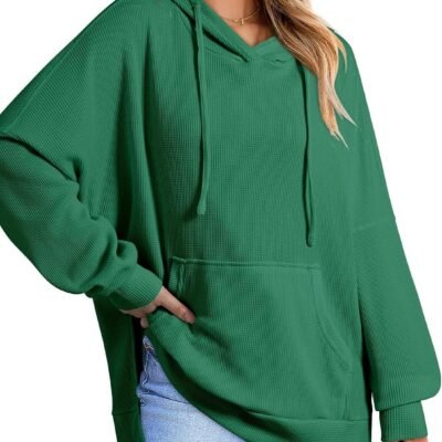 Oversized Hoodies for Women Casual Long Sleeve Waffle Knit Drawstring Side Slit Pullover Sweatshirts with Pocket