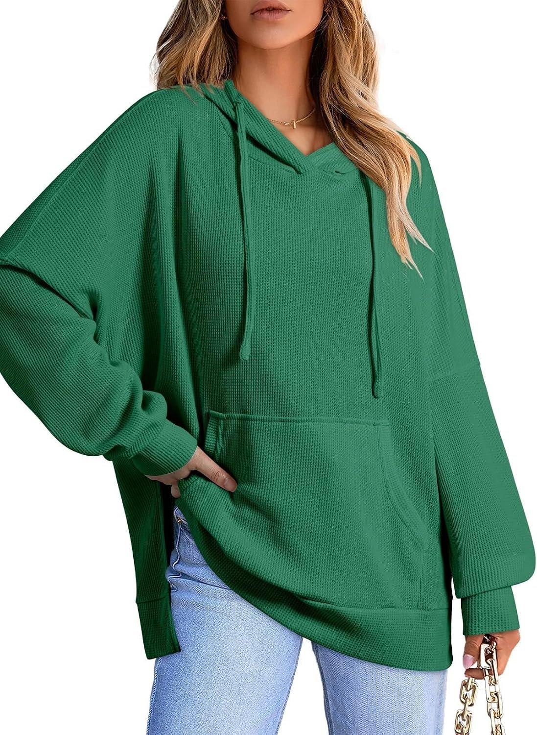 Oversized Hoodies for Women Casual Long Sleeve Waffle Knit Drawstring Side Slit Pullover Sweatshirts with Pocket