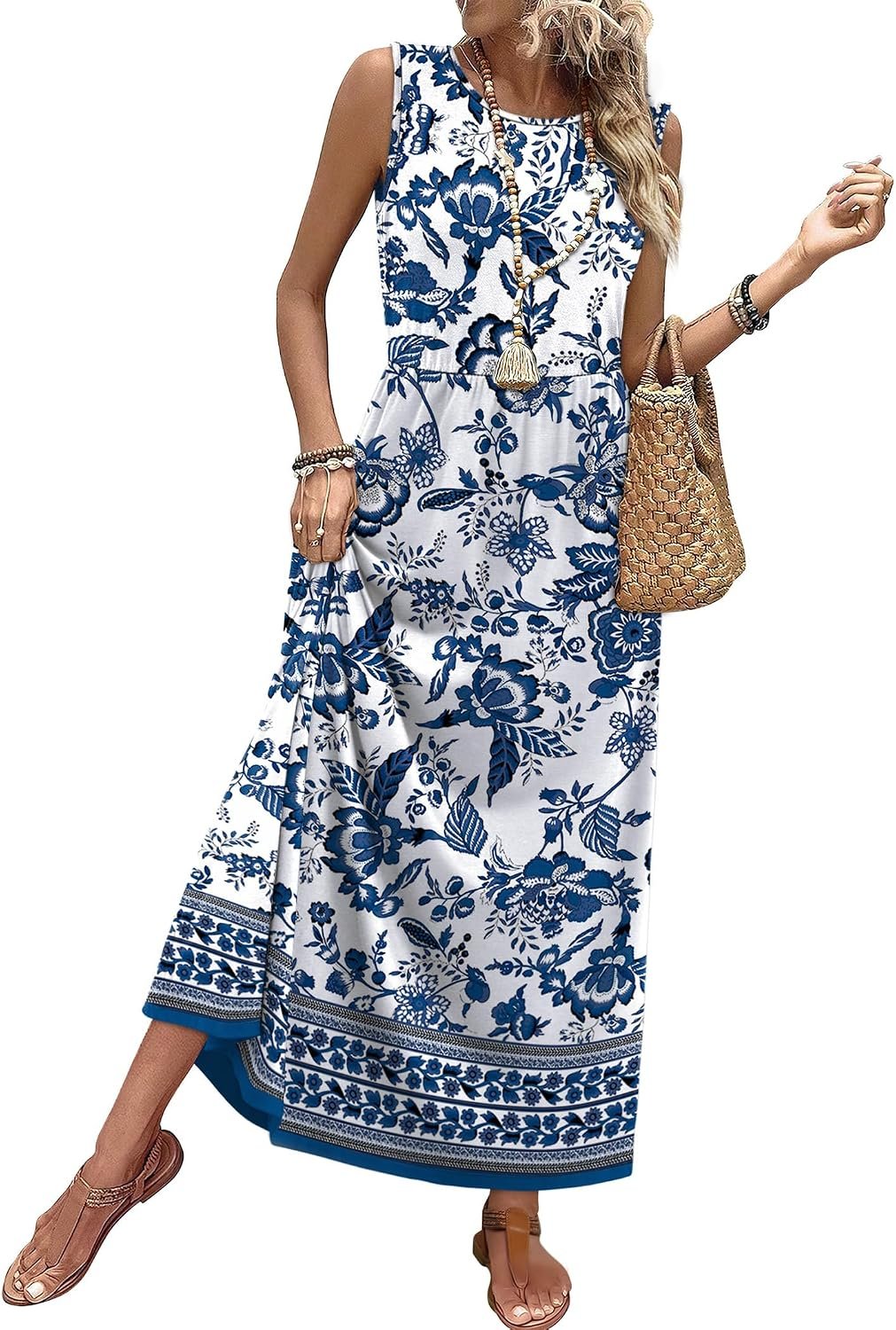 Summer Dresses for Women Maxi Dresses Long Flowy A Line Sleeveless Sundresses with Pockets
