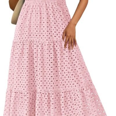 Womens  Summer Maxi Dress Short Sleeve V Neck Hollow Out Eyelet A Line Long Flowy Beach Vacation Dresses