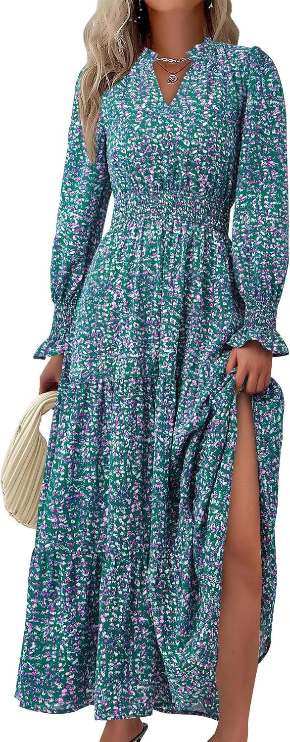 Womens Floral Maxi Dress Fall Long Sleeve V Neck A Line Long Flowy Spring Party Boho Dresses